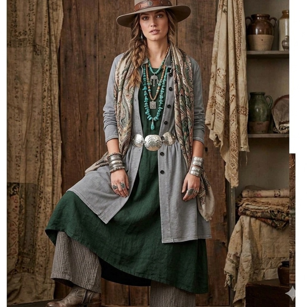 Earth Creations Lagenlook Mod Tunic Dress Peter Pan Collar Gray Boho Organic  XL